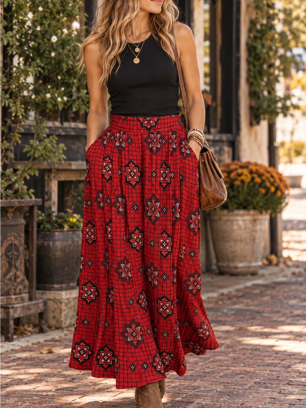 Vintage Boho Red Printed Maxi Skirt - Women